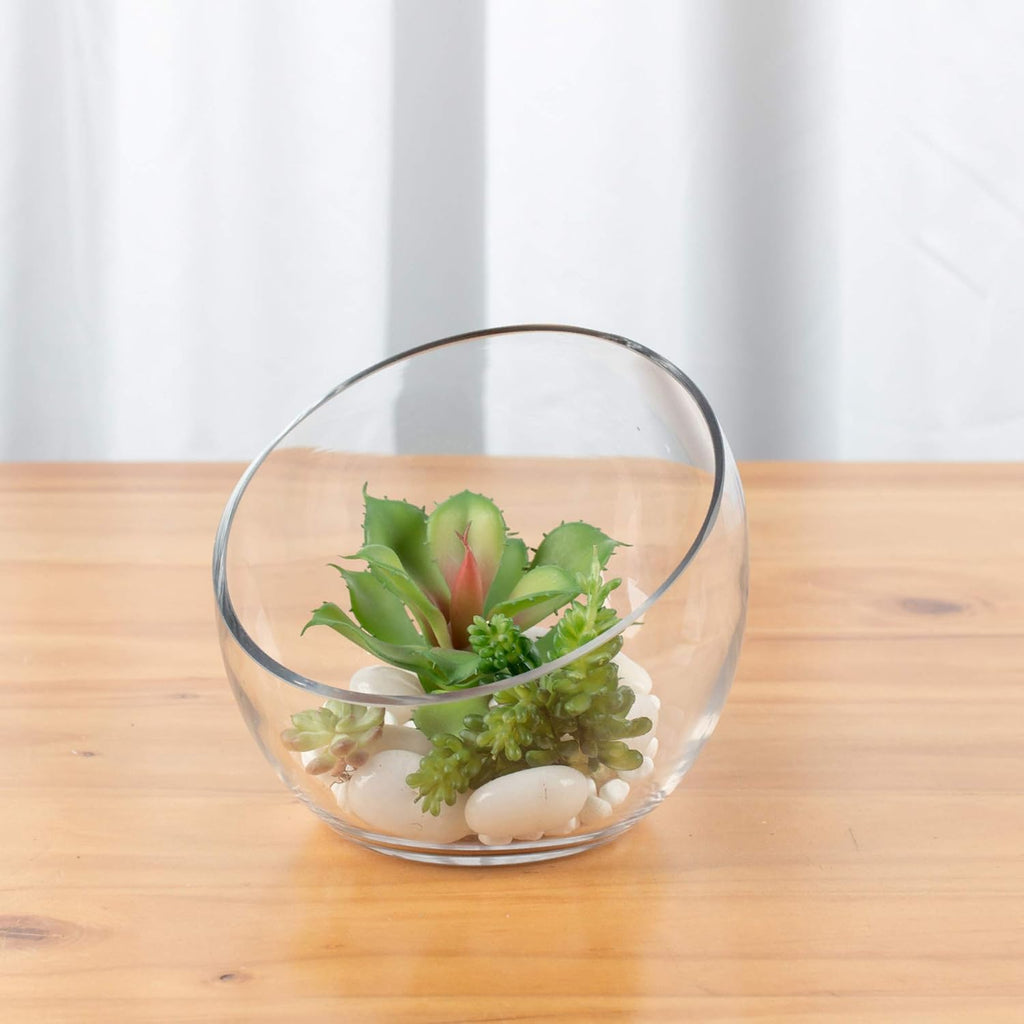 Clear Slant Cut Bowl Glass Vase, Glass Terrarium, Candy Dish, Glassware, Slant Cut, 7" Width, 6" Height (1 Piece)