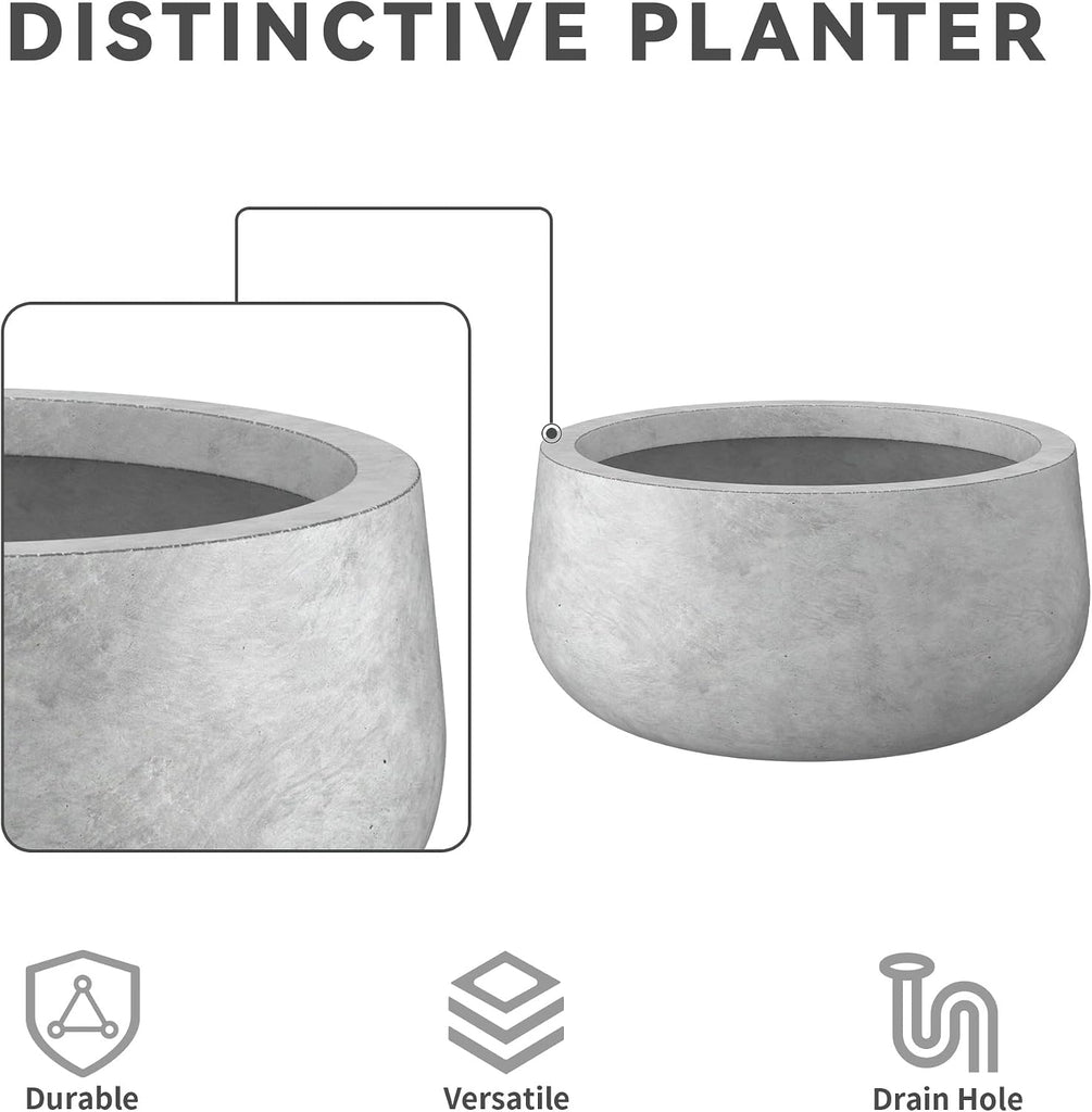 Large Round Bowl Pale Gray Concrete Planter 20" Dia, Outdoor | Rubber Plug for Indoor, Drainage for Garden