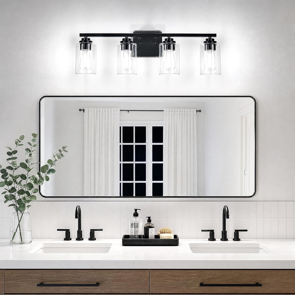 Black 4 Lights Bathroom Light Fixtures Over Mirror 27 Inches | Modern Vanity Lights Over Mirror with Clear Glass