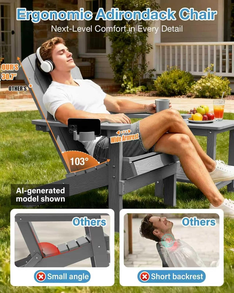 Adirondack Chairs Set of 2 with Cup Holder, Weather Resistant, Grey | HIPS Plastic Outdoor Fire Pit Chairs with Wood