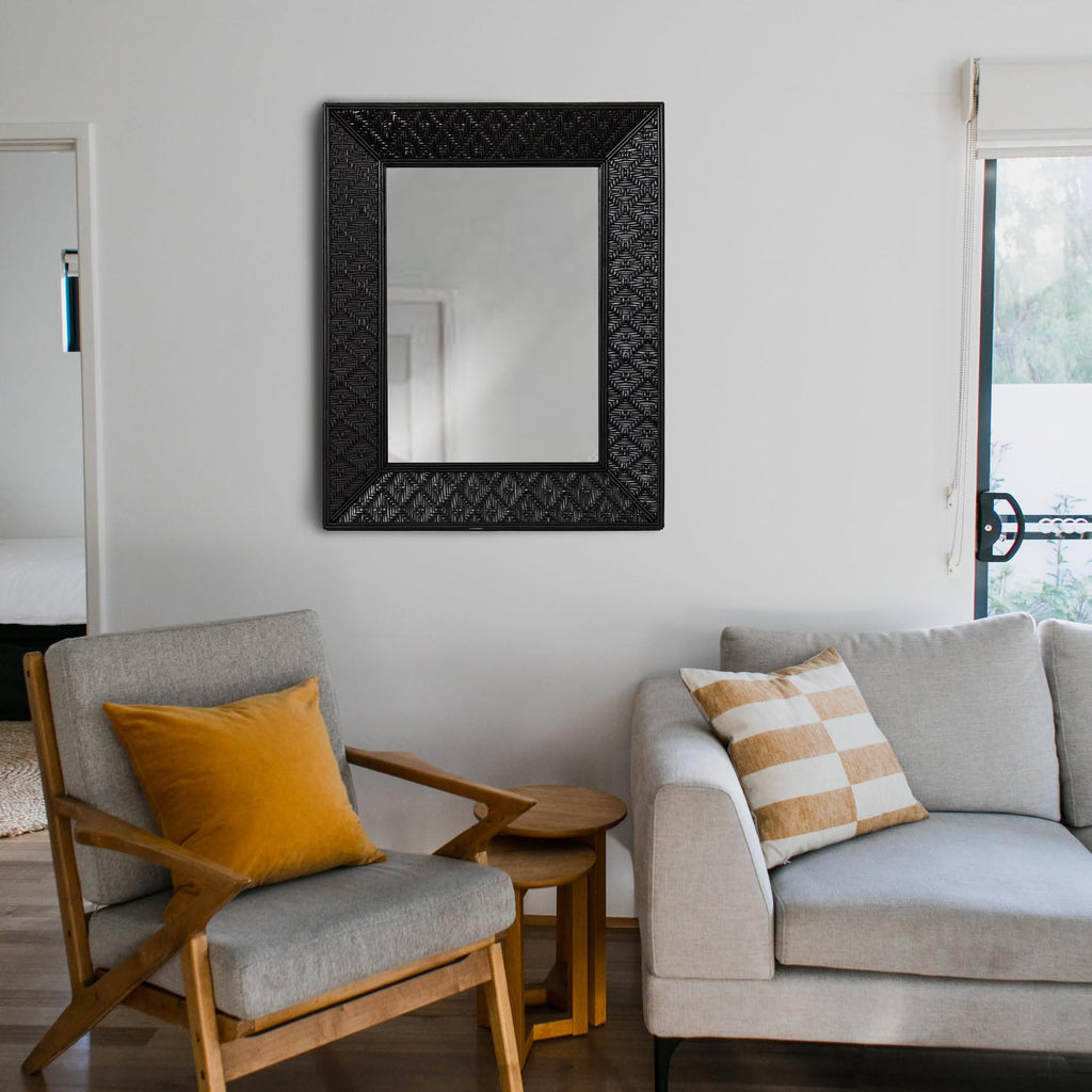 Rattan Rectangle Wall Mirror, Black