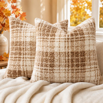 Faux Fur Plaid Throw Pillow Covers 18X18 Set of 2 Khaki Brown