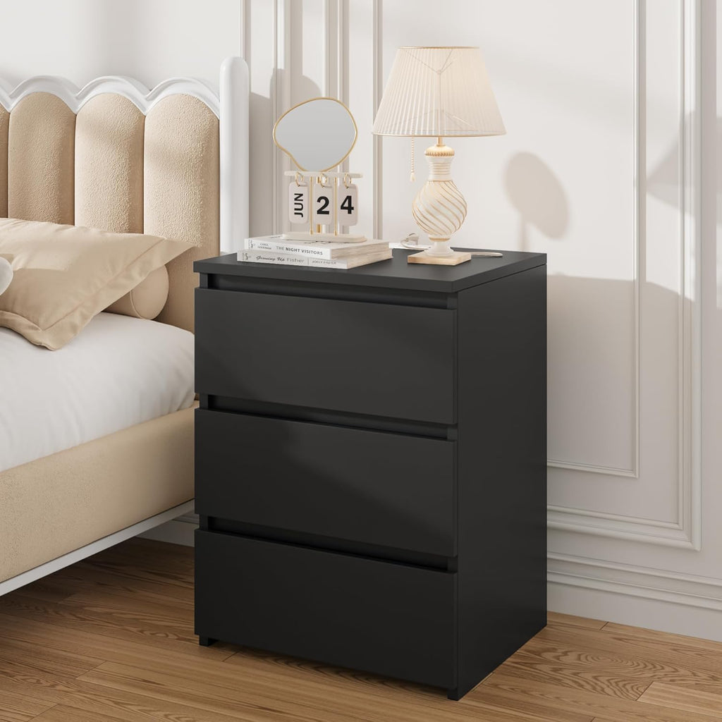 Nightstands Set of 2, 26" H Tall Black Night Stand with Charging Station & 3 Drawers, Modern Bedside Table Set 2 with