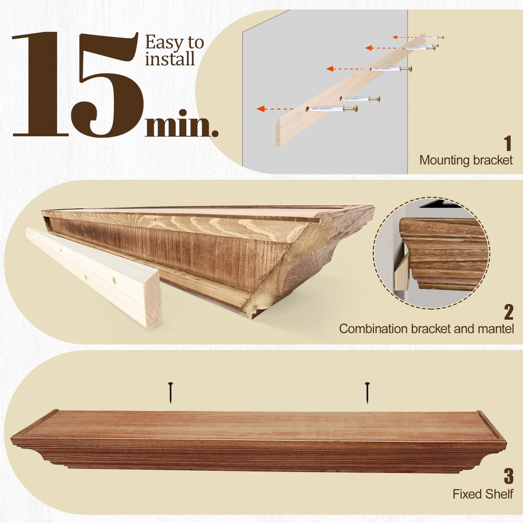 Rustic Fireplace Mantel 84", Solid Wood Floating Shelf, Oak Color