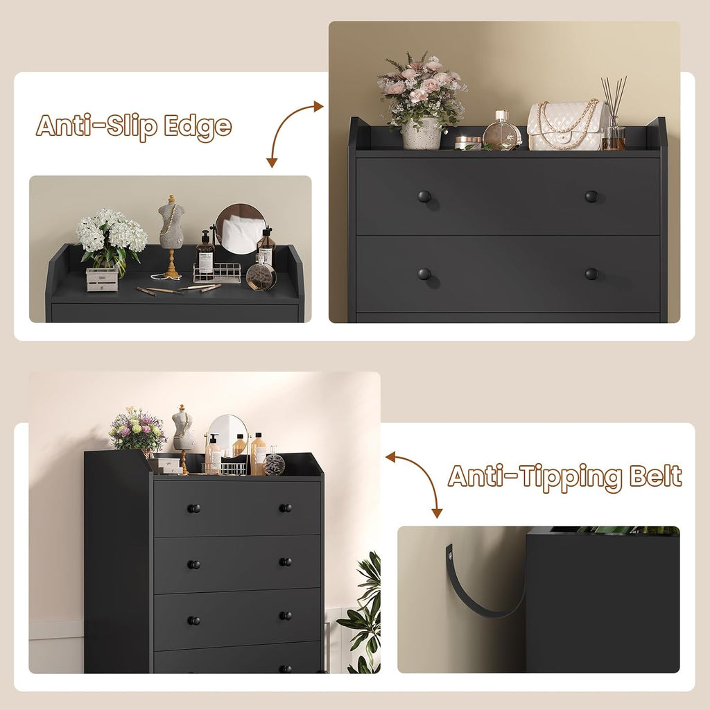 5 Drawer Tall Black Dresser | Chest of Drawers,Large Modern Vertical Dresser ,Closet