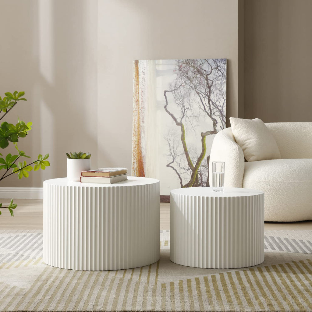 2-Piece Nesting Coffee Tables Set - Modern Drum End Tables for Small Spaces, White Round Accent Furniture s (15.75" H)