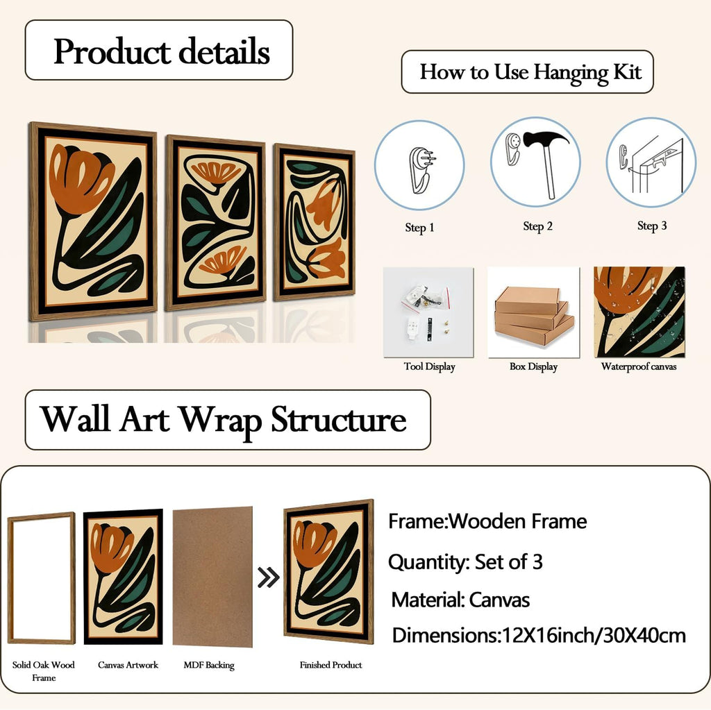 Mid Century Floral Wall Art Set of 3, Modern Abstract Botanical Wall Decor Picture, Vintage Boho Eclectic Plant