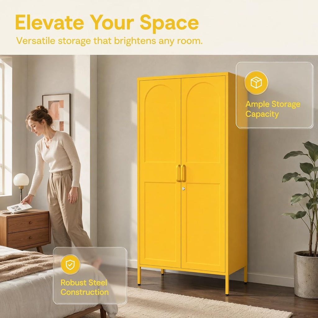 Yellow Lockable Armoire Wardrobe Closet Storage Cabinet with Hanging Rod, 67" Metal Wardrobe Cabinet with 2 Doors and