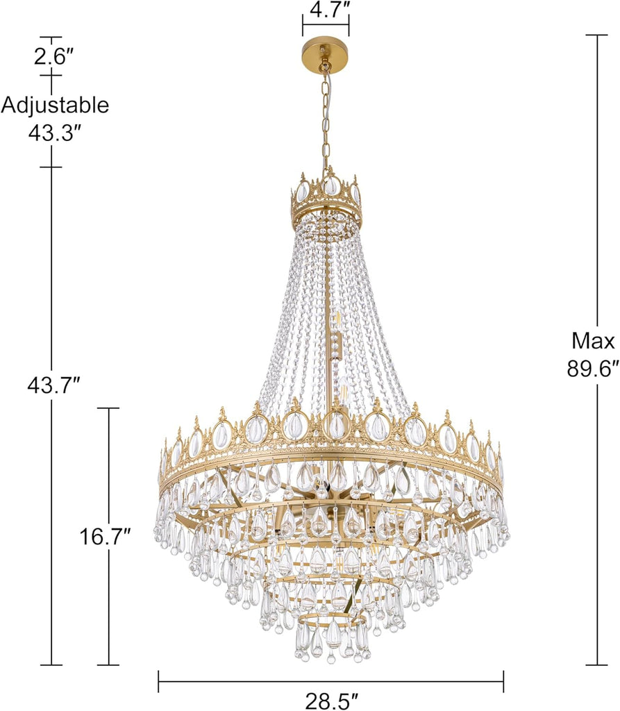 French Empire Crystal Chandelier 9 Lights Modern Gold Chandelier, Luxury High Ceiling Light Fixture for Dining Living Room, Bedroom, Kitchen Island, Foyer, Hallway, 28.5" W x 43.7" H