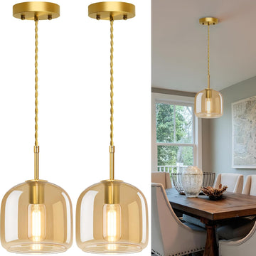 Pendant Lights Kitchen Island 2 Pack,Gold Pendant Lights with Glass Shade,Vintage Hanging Light Fixture Adjustable Cord