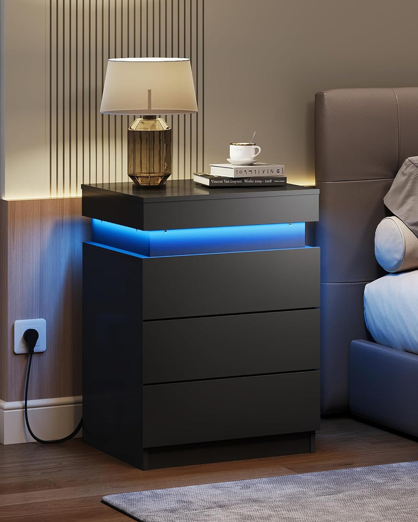Black Nightstand with Charging Station & LED Lights, Modern Night Stand with 3 Drawers and Sliding Top, Bedside Table