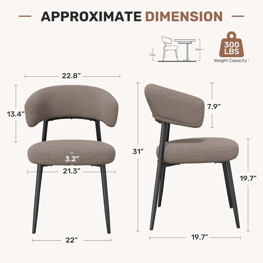 Dining Chairs Set of 4, Mid Century Modern Kitchen Chairs, Boucle Upholstered Dining Chair with Curved Backrest &