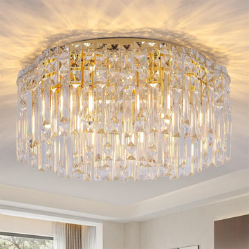 Flush Mount Crystal Chandelier, 18 inch Modern Crystal Ceiling Lights with Warm White Light Bulb (2700K), Flush Mount