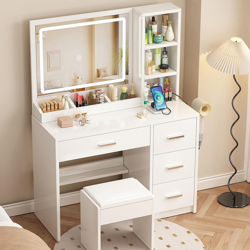 Vanity Desk with Mirror and Lights, 4 Drawers & Benches Vanity Desk Set, 3 Color Lighting Modes Adjustable Brightness