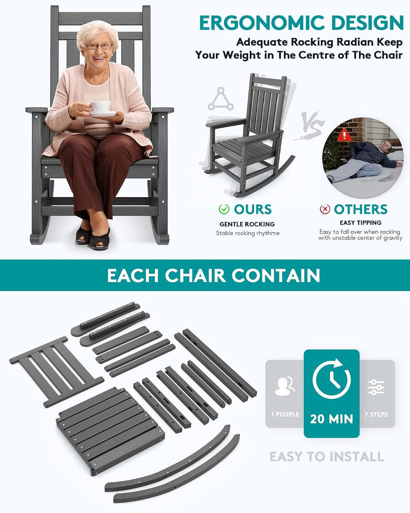 Outdoor Rocking Chair Set of 2, HDPE Rocking Chairs for Adult, Grey | 21.1" Widened Seat adds Extra Comfort