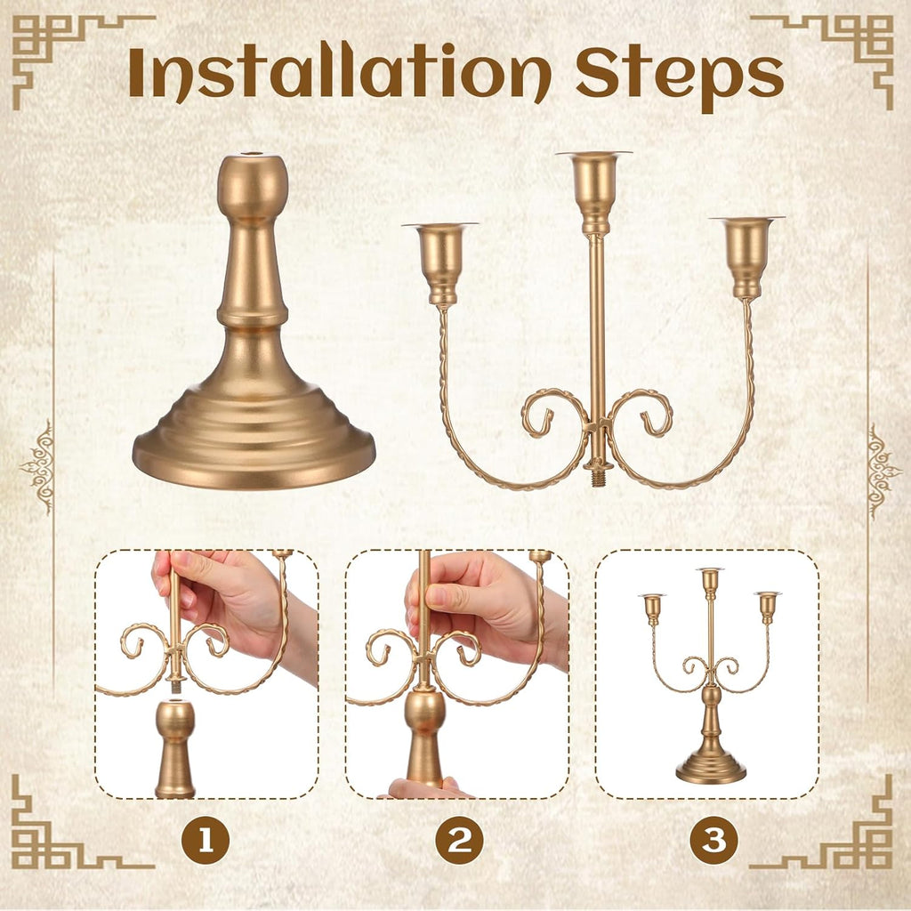 2 Pcs 3 Arm Gold Candelabra, 11.6" Metal Candle Holders Candelabra Centerpieces for Tables Theme Party Table