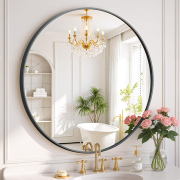 Round Wall Mirror 30 Inch Black Vanity Mirror with Metal Frame