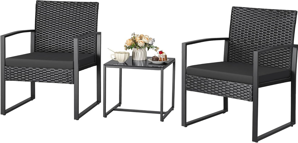 3 Piece Wicker Conversation Bistro Sets Outdoor Patio Set Modern Rattan Chair Furniture Sets with Coffee Table