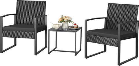 3 Piece Wicker Conversation Bistro Sets Outdoor Patio Set Modern Rattan Chair Furniture Sets with Coffee Table