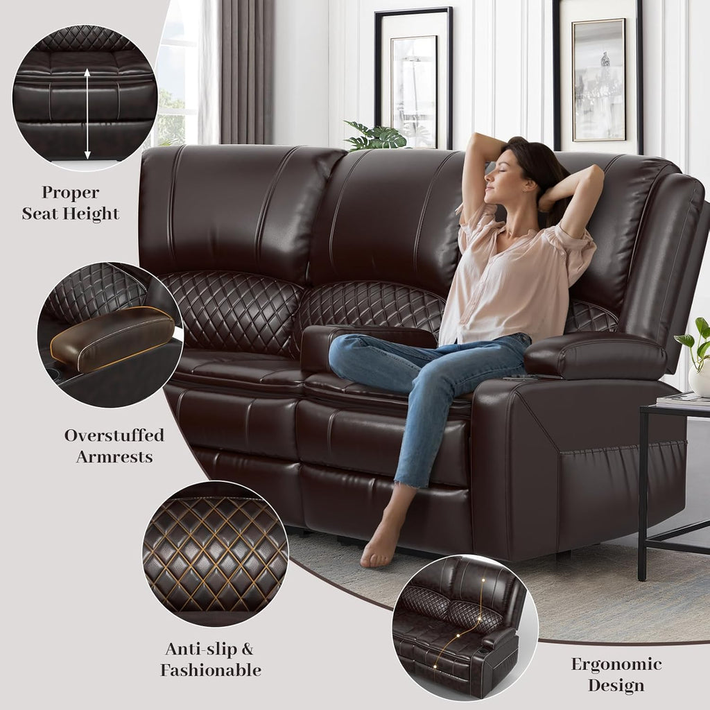 Home Theater Seating Reclining Sectional Sofa, 5 Seats Soft Leather Recliner Corner Sectional Couch
