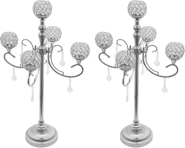5 Arm Crystal Candelabra Centerpieces, 2 Pack 33.8 Inch Tall Candle Holder, Freestanding Table Candelabra Stand with