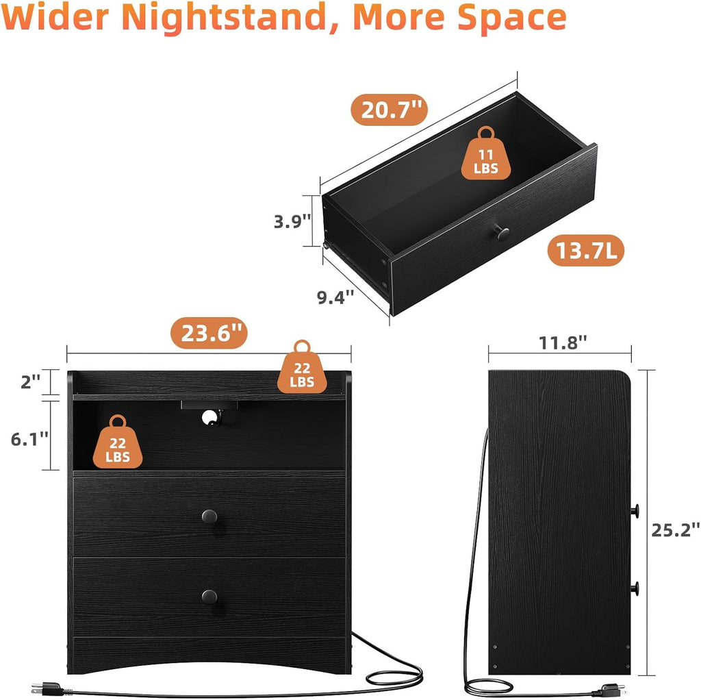 Nightstand with Charging Station and LED Light,Modern Nightstand with USB Ports and Outlets,Wooden Bedside Tables