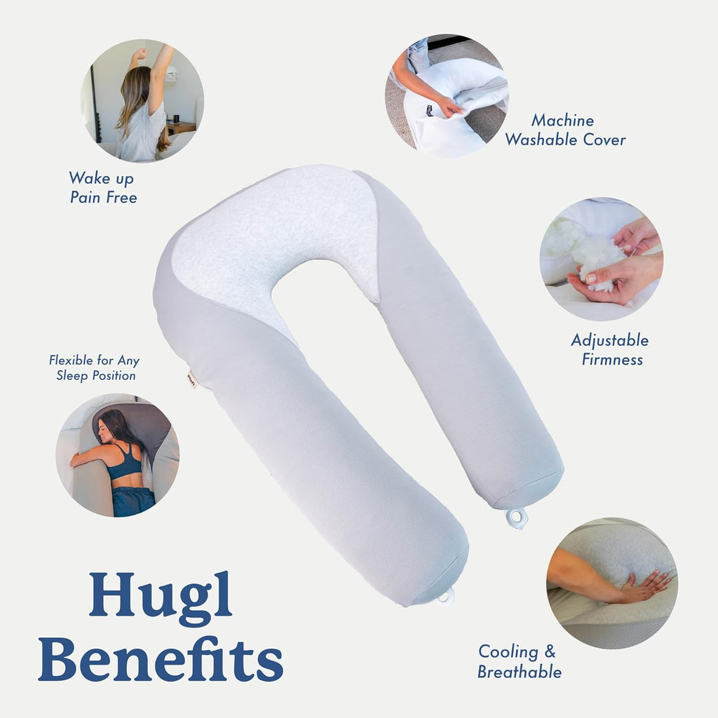 Hugl Cooling Body Pillow for Adults, U Shaped Pregnancy Pillow, Grey