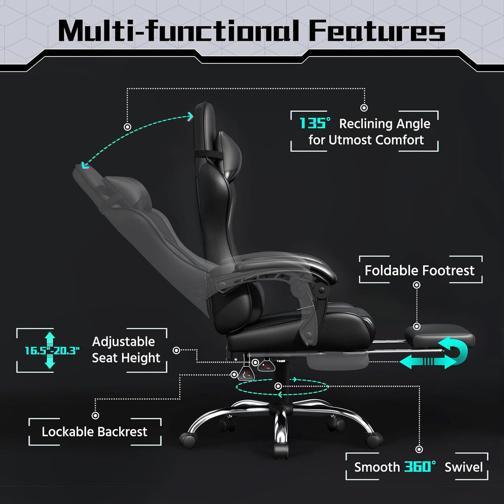 Gaming Chair with Footrest Massage Lumbar Pillow Reclining Black