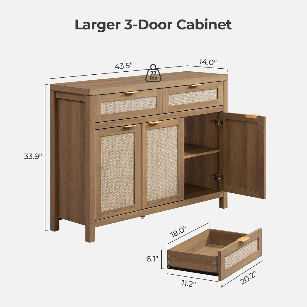 Rattan Sideboard Buffet Cabinet with Storage, Boho Credenza Accent | Storage Cabinet with 3 Doors and 2 Drawers