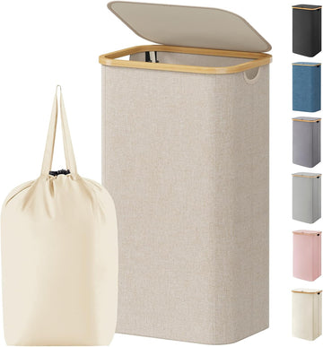 100L Laundry Basket with Lid, Clothes Hampers for Laundry with Bamboo Handles and 1 Removable Bag, Large Foldable