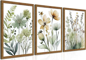 Wood Framed Sage Green Botanical Wall Art Set of 3, Boho Floral Canvas Wall Decor Paintings, Minimalist Flower