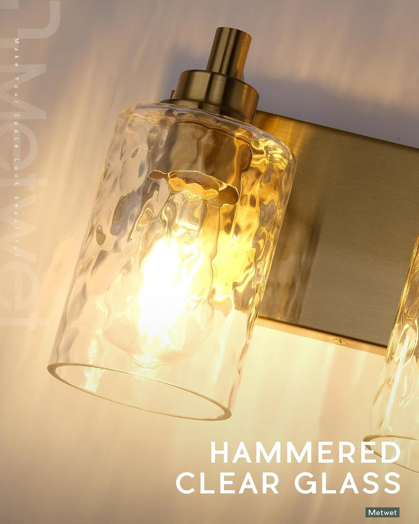 4-Light Brushed Gold Bathroom Vanity Light, Hammered Cylinder Glass | 24.5" modern bathroom light fixtures over