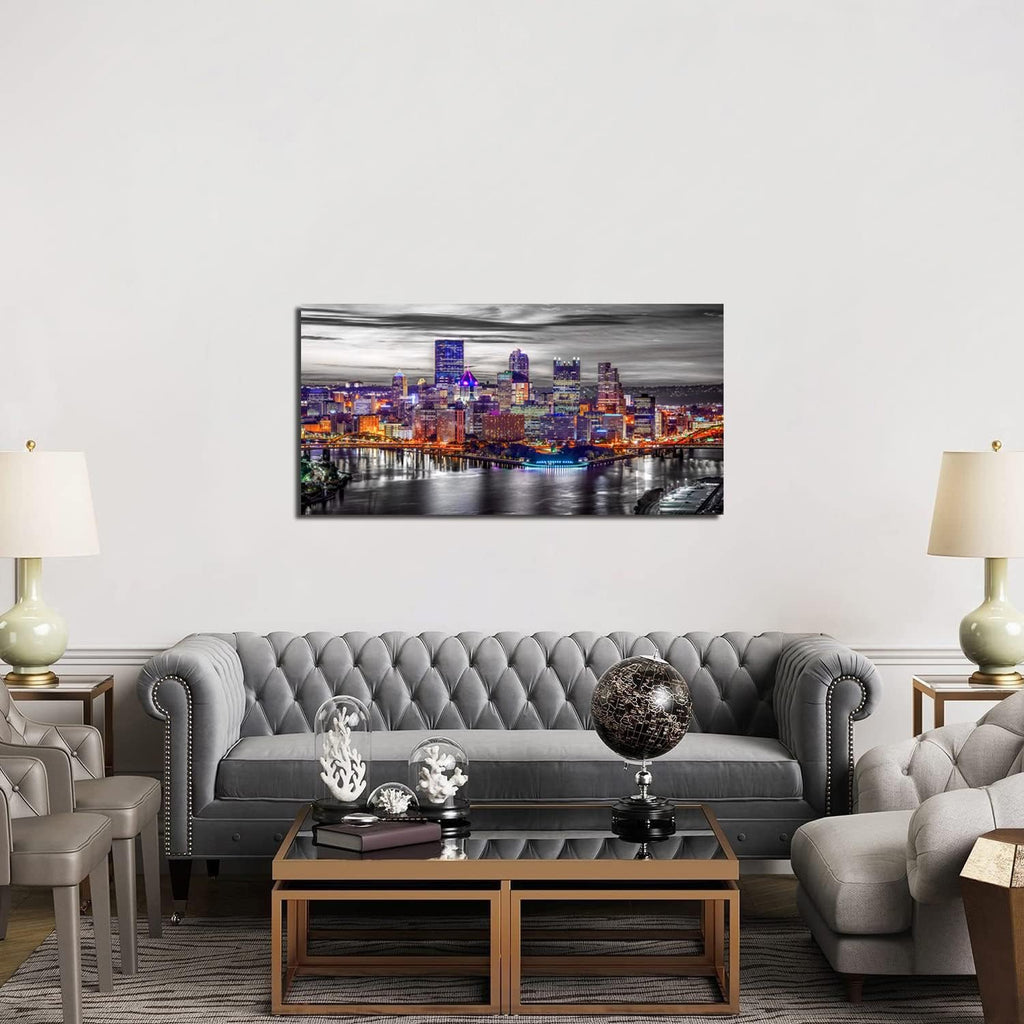 Large Pittsburgh Wall Art Black and White City Skyline Wall Decor Office Decor Pennsylvania Night Cityscape Canvas