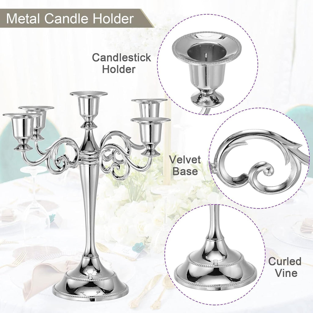 Candelabra Candle Holders, 5 Arm Metal Candlestick Stand for Taper Candles, 10.5 inch Tall Candle StandDecor, Silver