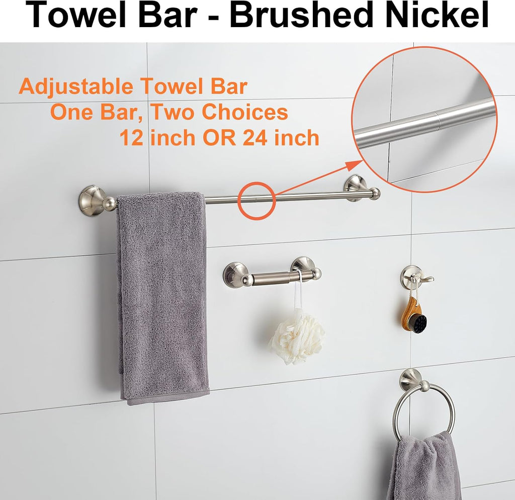Bathroom Accessory Set, Brushed Nickel Adjustable Expandable Towel Bar 4-Piece Bathroom Hardware Set Wall Mounted
