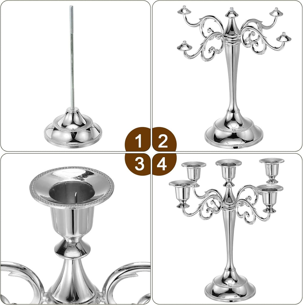 Candelabra Candle Holders, 5 Arm Metal Candlestick Stand for Taper Candles, 10.5 inch Tall Candle StandDecor, Silver