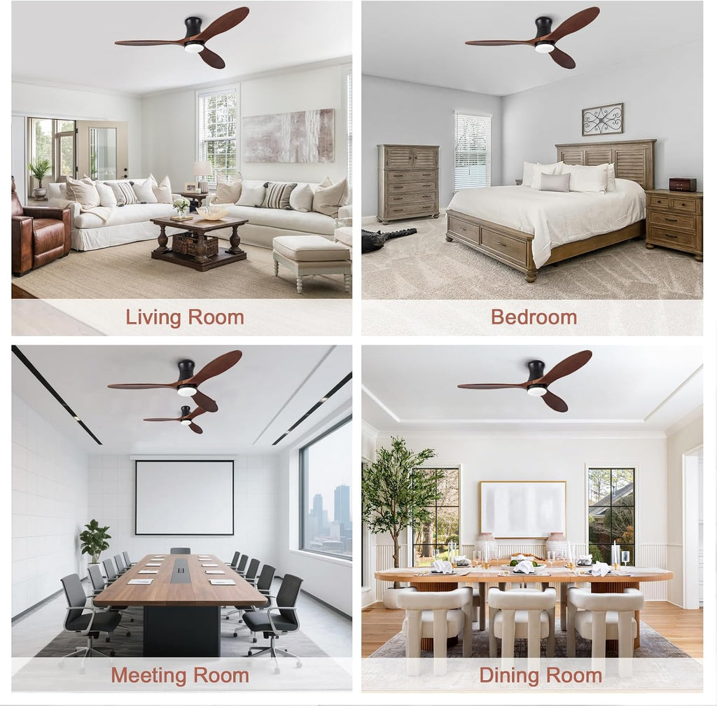 52 Inch Inspired Maverick Style Low Profile Smart Ceiling Hugger Fan with LED Light & Remote - Flush Mount, Solid Wood Blades, 6-Speed - Black
