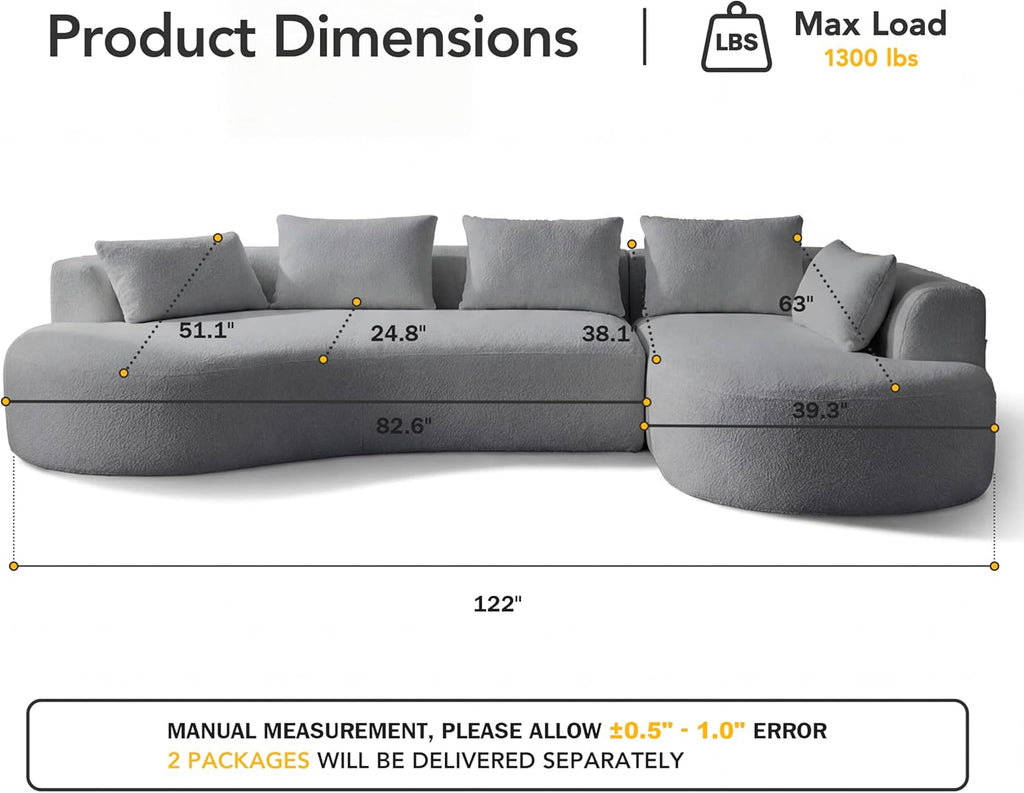 122" Modern Curved Oversized Sectional Sofa with Right Chaise for Living Room