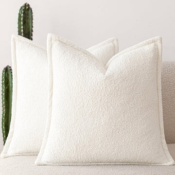 Neutral Throw Pillow Covers Set of 2 (18x18 Inch, White) - Sherpa Fleece Flange Edge for Couch, Bed & Living Room