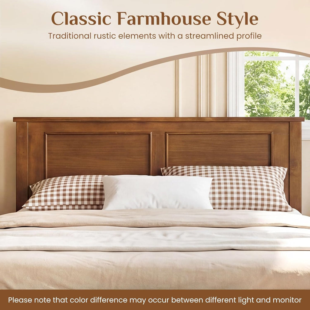 Wood Twin Bed Frames with Headboard, Farmhouse Solid Platform Bed w/Wooden Slat Support Mattress Foundation