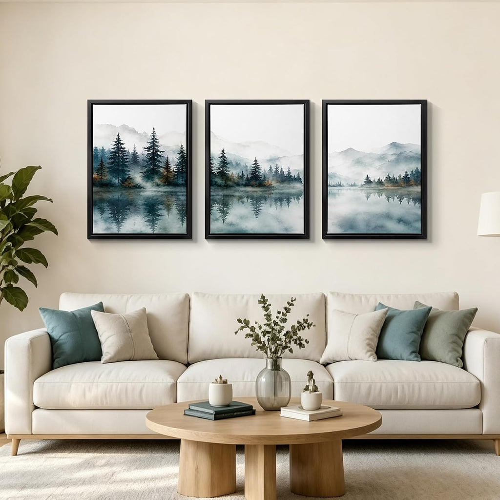 Framed Nature Mountain Wall Art, 3 Piece Forest Watercolor Canvas Prints, Misty Lake Landscape Pictures Bedroom