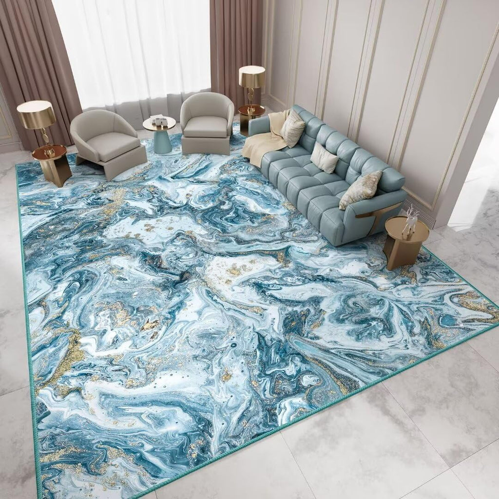 5x7 Washable Modern Artistic Area Rug, Low Pile Non-Slip Carpet for Living Room Bedroom Blue Gold