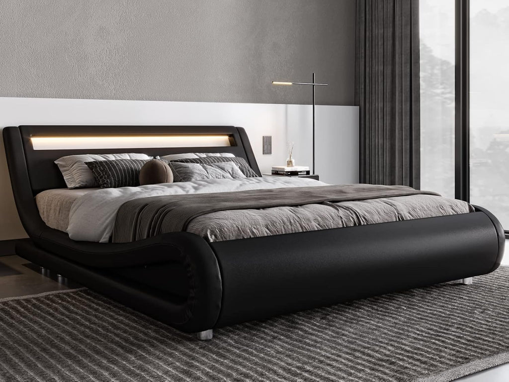 Queen LED Platform Bed Frame with Adjustable Headboard/No Box Spring Need/Easy Assembly/Faux Leather in Black