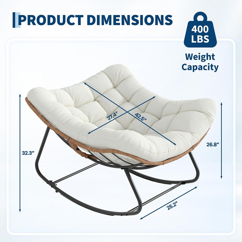 Outdoor Rocking Chair, Oversized Papasan Chair with Cushion | Metal & PE Rattan Frame, 400LBS Capacity, Ideal