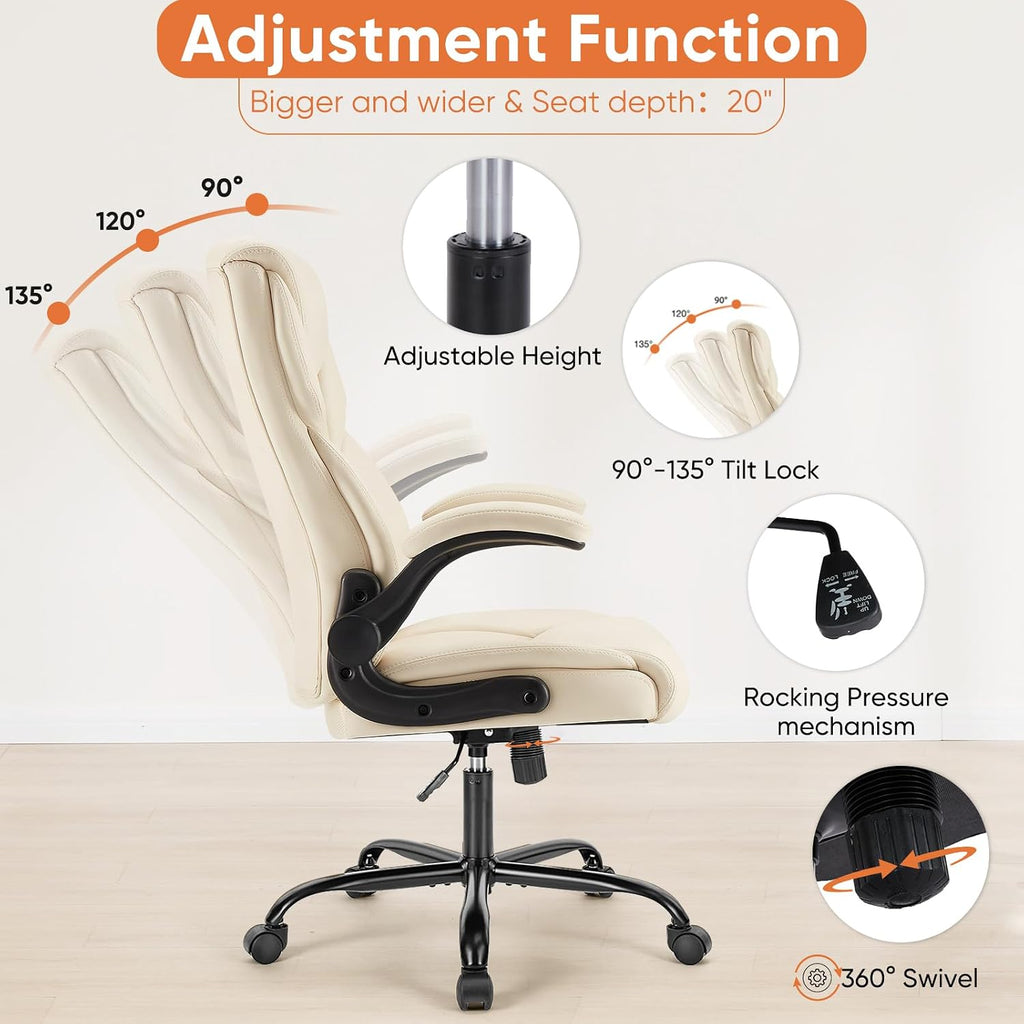 Office Executive Chair - Heavy Duty High Back Home Desk Chair with Flip-up Armrest, PU Leather, Height Adjustable & Swivel Rolling with Wheels, Beige