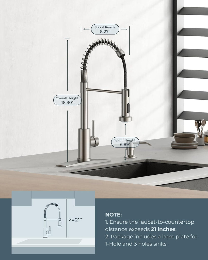 Kitchen Faucets, Brushed Nickel Kitchen Sink Faucet with Pull Down Sprayer, Commercial Kitchen Faucet Stainless Steel