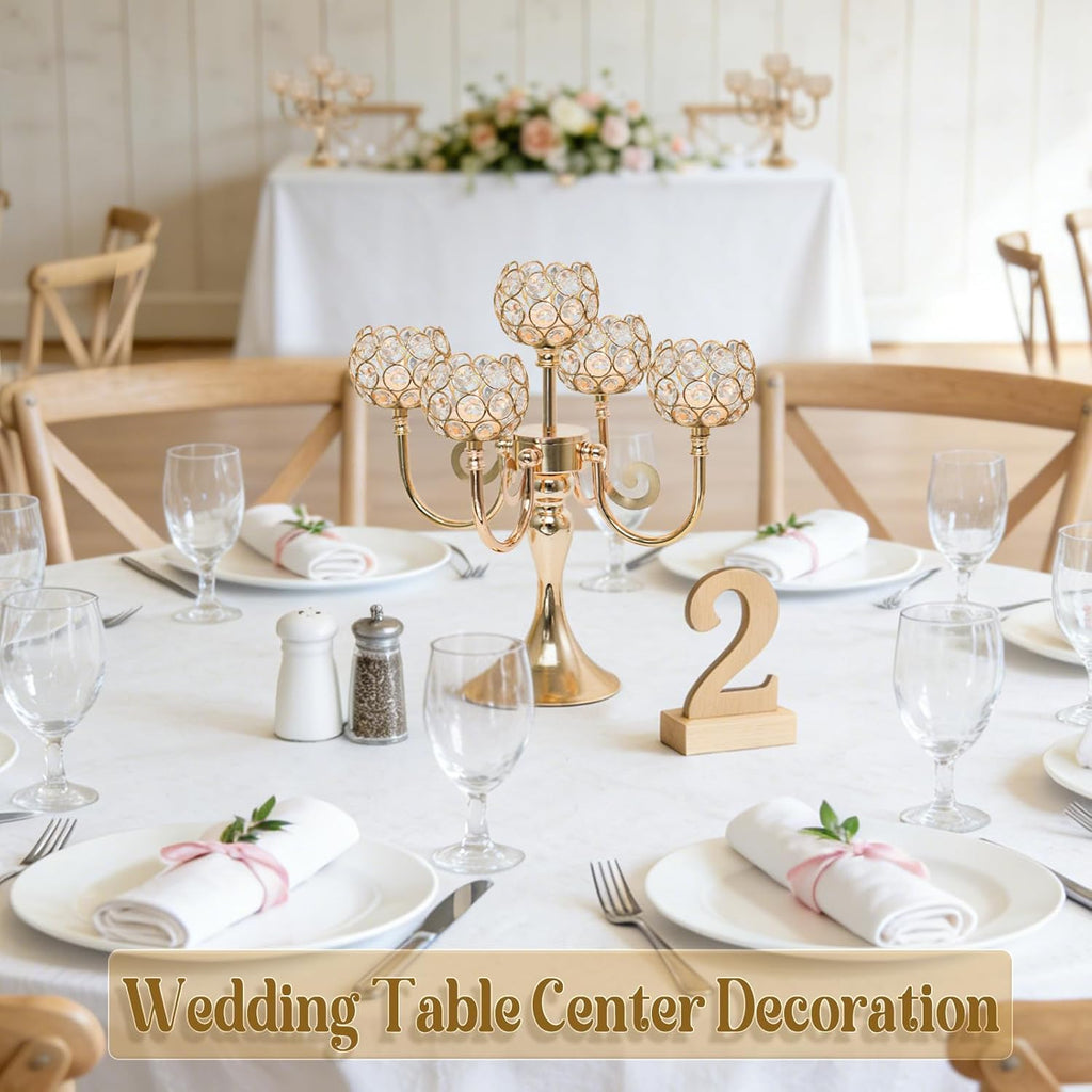 5 Arm Metal Crystal Candelabra Centerpiece - 13.4 Inch Elegant Candle Holder with Crystal Beadsable Decoration (2, Gold)