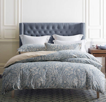 Duvet Cover Queen, 600 Thread Count Cotton Beige & Bluish Grey Printed with Luxurious Leaves Pattern Reversible - Set of 3