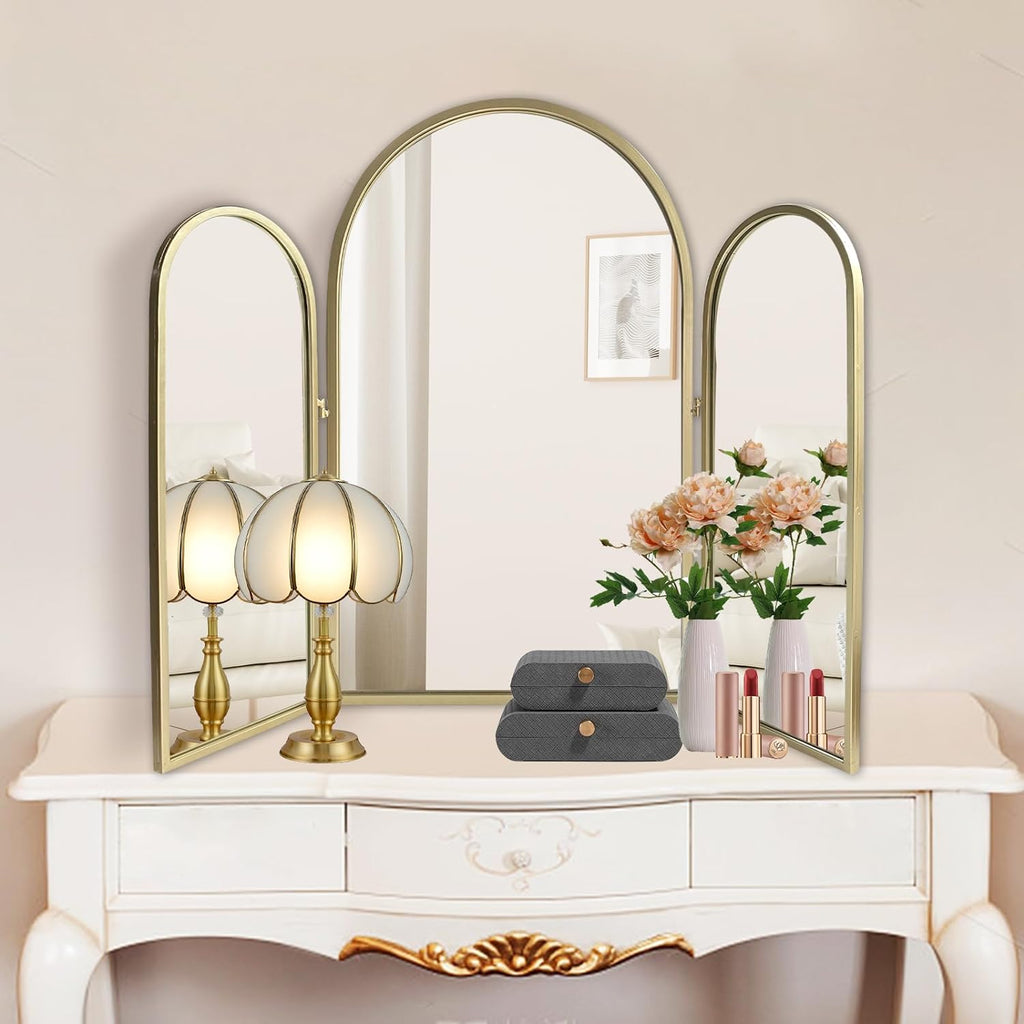 Trifold Vanity Mirrors 3 Way, 30 x 37in Adjustable Vanity Mirrors , Champaign Golden Arch Mirrors Wall Mounted