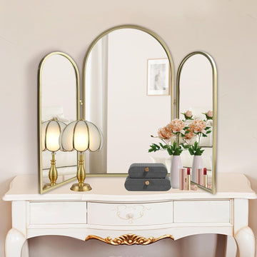 Trifold Vanity Mirrors 3 Way, 30 x 37in Adjustable Vanity Mirrors , Champaign Golden Arch Mirrors Wall Mounted